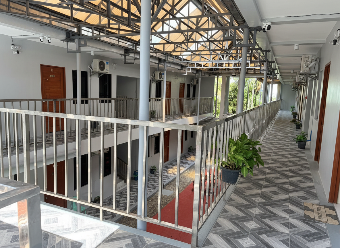 Dana Centre upper floor corridor with balcony railings and plants