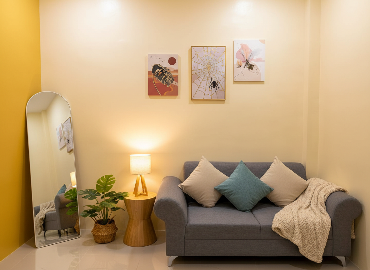 Cosy furnished living room with sofa and wall art