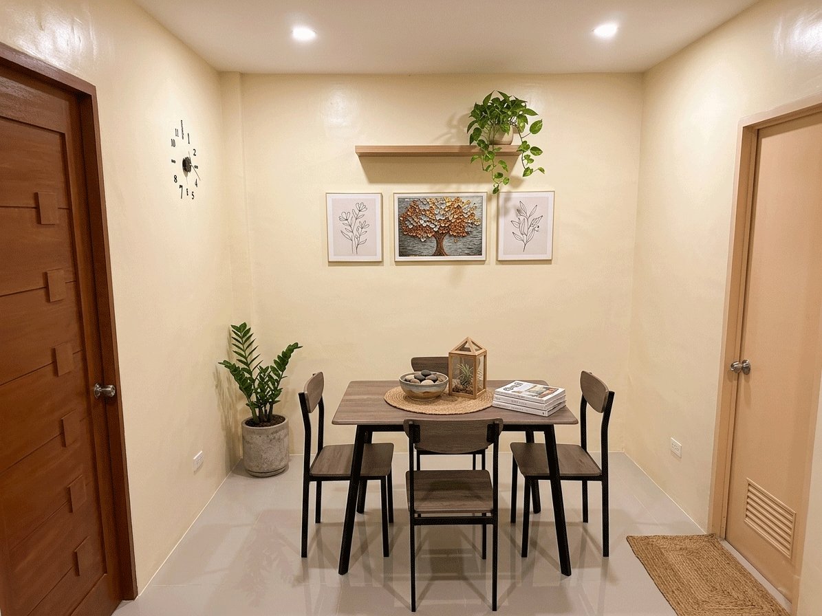 Dining area with table, chairs, and indoor plants